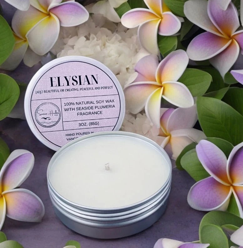 100% Soy Wax Scented Candle: Elysian (Plumeria)