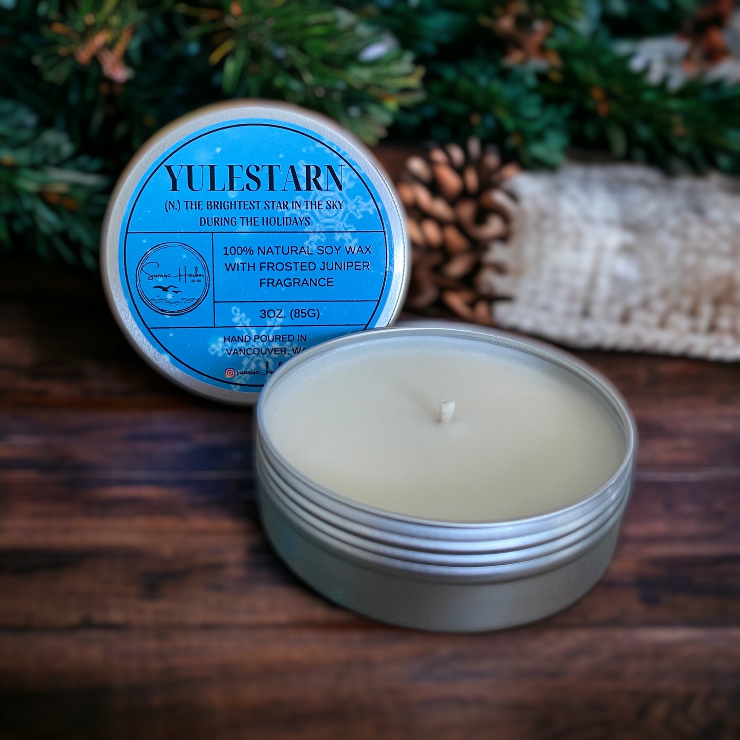 100% Soy Wax Scented Candle: Yulestarn (Frosted Juniper)