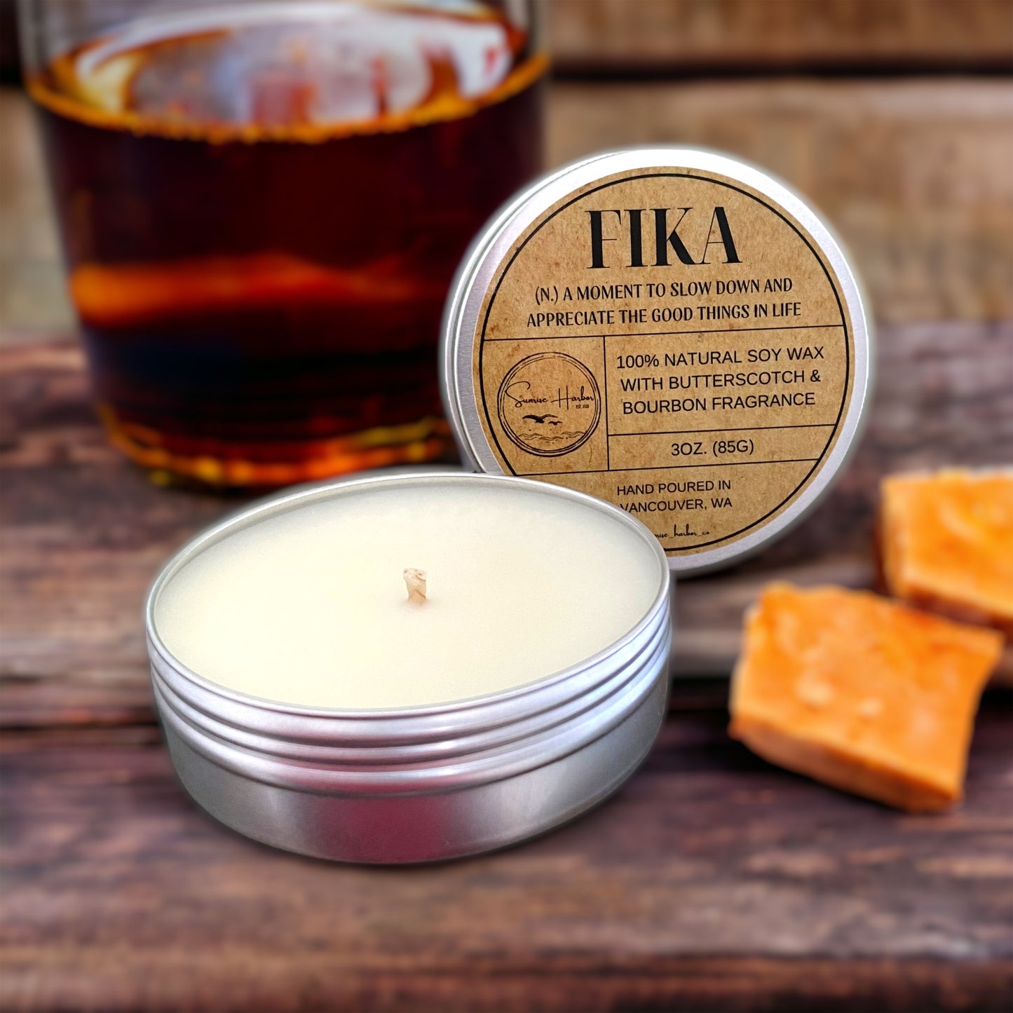 100% Soy Wax Scented Candle: Fika (Butterscotch & Bourbon)