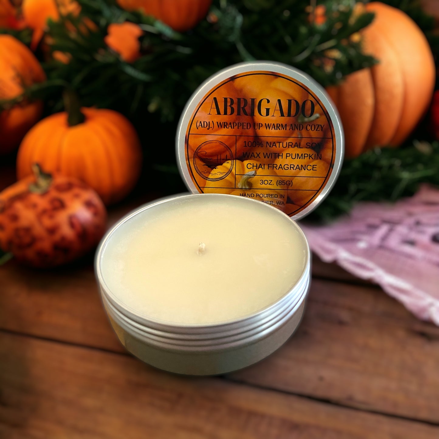 100% Soy Wax Scented Candle: Abrigado (Pumpkin Chai)