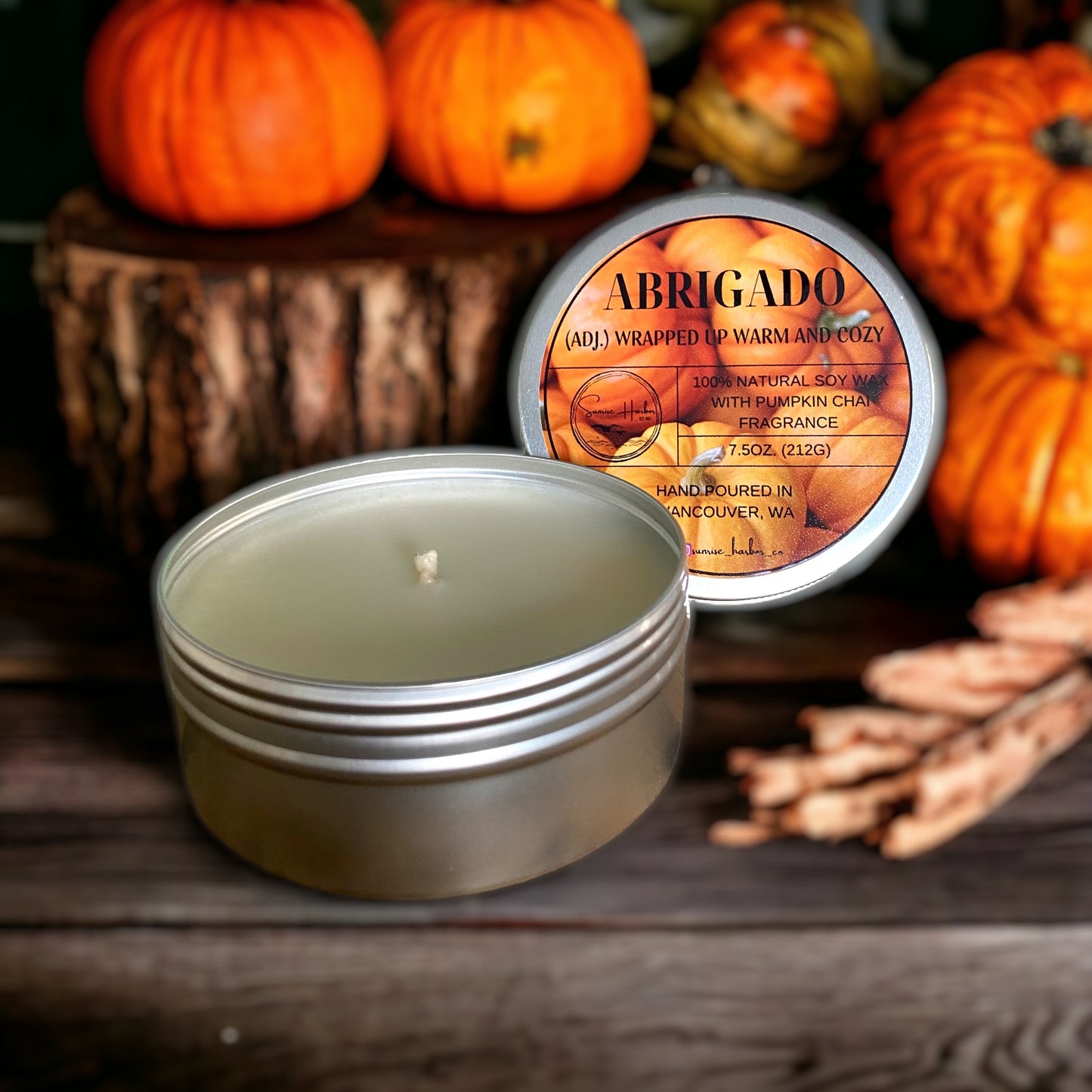 100% Soy Wax Scented Candle: Abrigado (Pumpkin Chai)