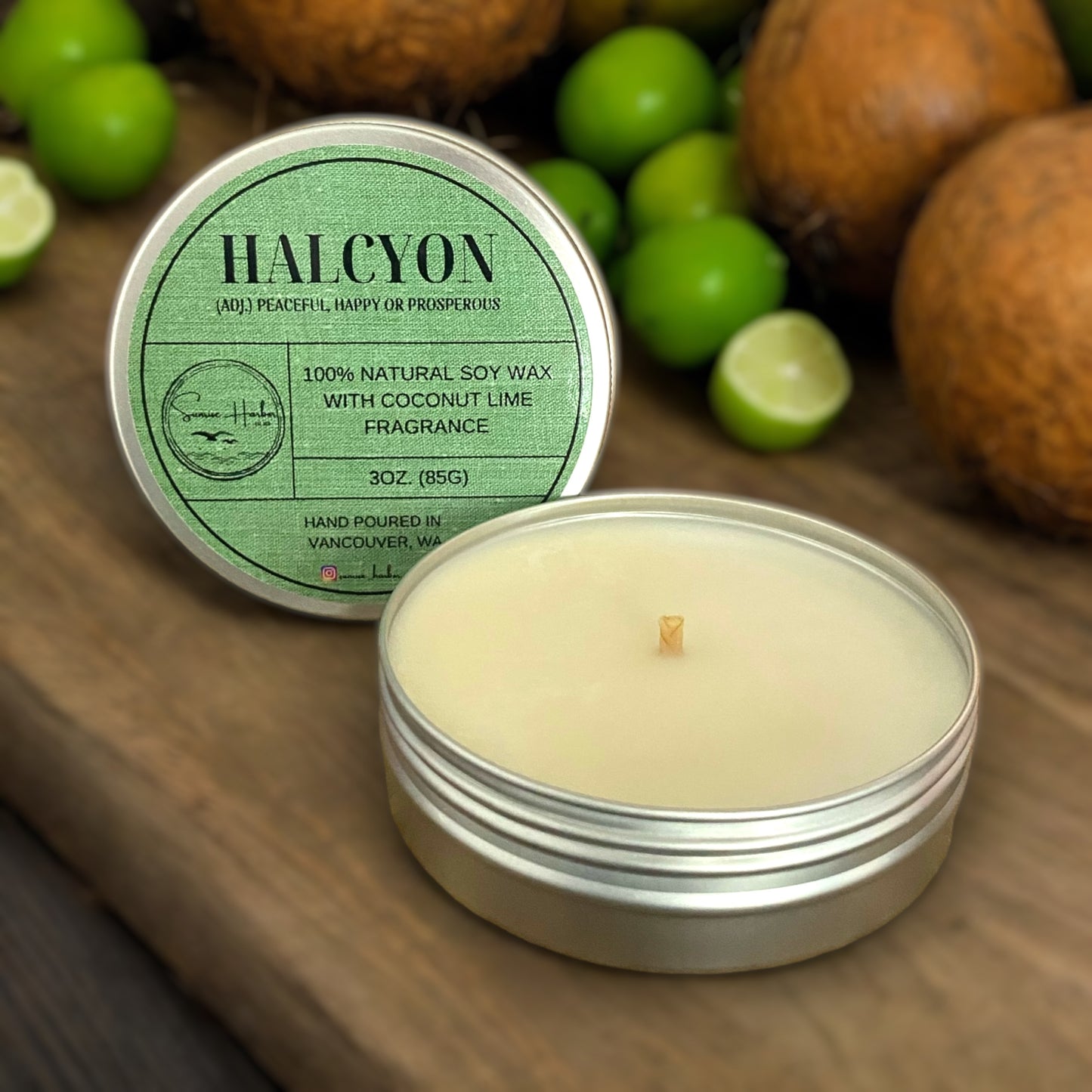 100% Soy Wax Scented Candle: Halcyon (Coconut Lime)